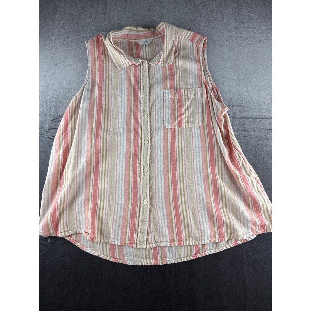 Time and Tru Womens XXL Pink Tan Striped Linen Blend Sleeveless Button Down Top